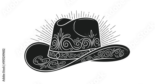 A striking black and white illustration depicts a decorated cowboy hat with radiating lines showcasing intricate floral patterns high quality professional