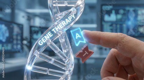Hand touching futuristic DNA helix with gene therapy digital interface hologram in medical lab