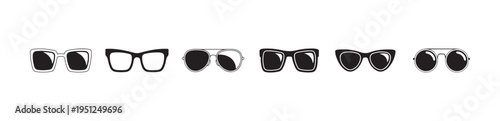 Set of six fashion style black and white outline sunglasses isolated on white background