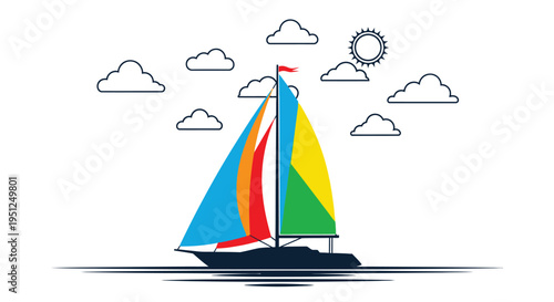 A vibrant colorful sailboat glides across a calm wavy sea under a bright sun and fluffy clouds high quality