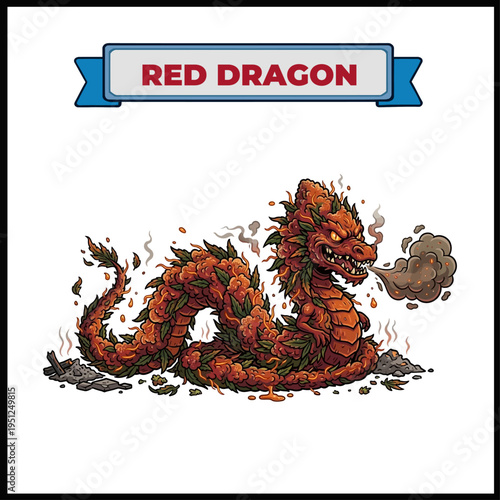 Red Dragon marijuana strain fantasy illustration. Fiery dragon monster with weed bud scales sitting on embers and breathing a smoke cloud