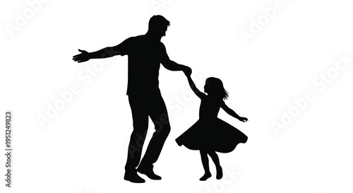 A silhouette depicts a heartwarming scene of a father and young daughter joyfully dancing together embracing high quality professional