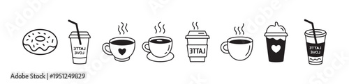 Coffee drink and dessert line icons set showing various hot and iced beverages with donut and heart designs