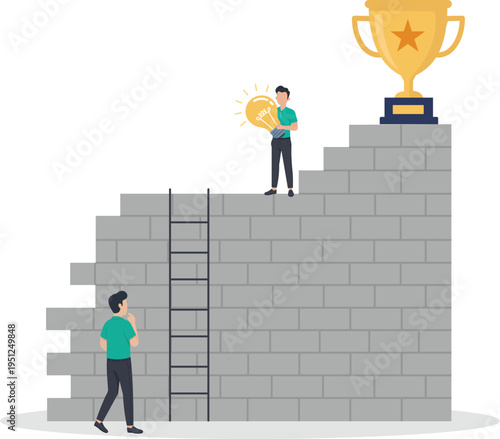 Man Holding Bag of Money near Success Trophy