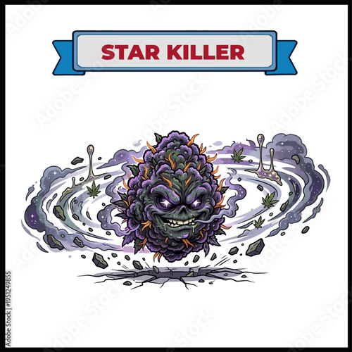 Star Killer marijuana strain sci-fi illustration. Galactic dark plant monster with glowing eyes floating in a space tornado