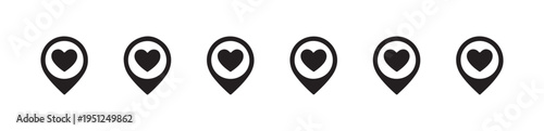 Six identical map location markers with solid heart shape inside representing saved spots