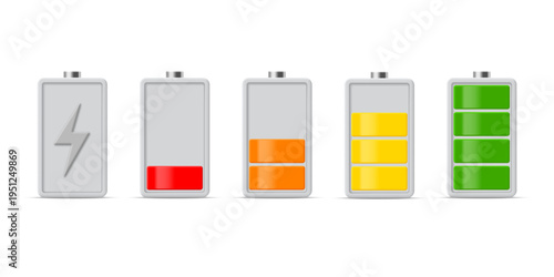 Battery charging icons or charge indicators in different colors with varying charge levels. Vector 3D illustration.