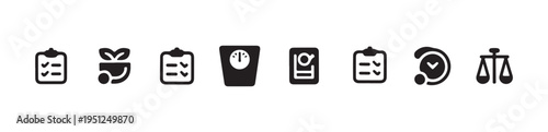 Health diet and nutrition planning black glyph icons set for tracking weight measurement time and balance