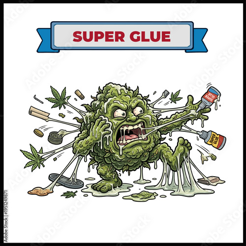 Super Glue marijuana strain mascot illustration. Angry weed bud monster stuck in sticky white glue