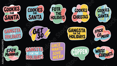Colorful holiday stickers with playful phrases and themed designs for christmas