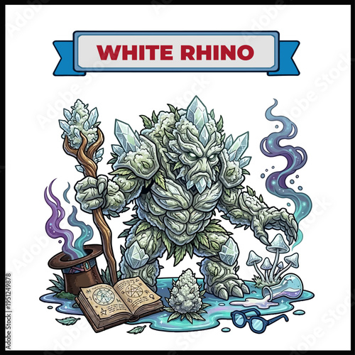 White Rhino marijuana strain fantasy illustration. Magical plant monster character covered in ice crystals