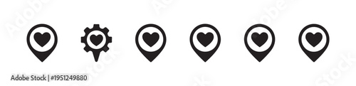 Group of heart location pins mixed with one gear symbol for settings or customization option