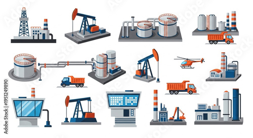 Oil and Gas Industry Assets - Pumpjacks, Refineries, and Transportation.