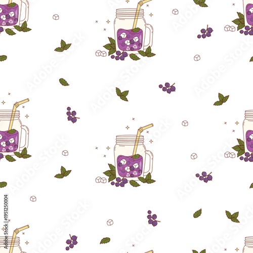 Blackcurrant Drink Seamless Pattern. Seasonal Berries Purple Cocktail, Mint and Ice Cubes in clear mason jar with straw on White Background. Summer Refreshing smoothie template. Vector Illustration