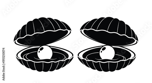 A striking black and white illustration showcases two open seashells each containing a single luminous pearl within high quality professional detailed