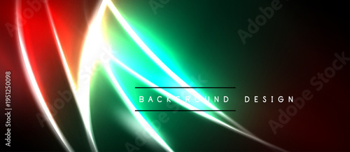 Abstract vibrant lines create dynamic background. Green, red, white colors blend, forming modern design element. Smooth curves suggest movement.