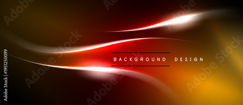 Abstract design features flowing lines, vibrant orange, red hues. Dark background emphasizes bright light streaks, modern aesthetic.