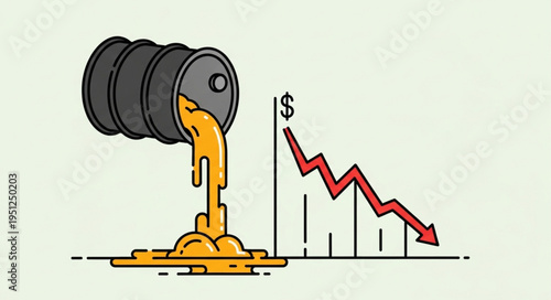 Oil Price Decline - Barrel Spill and Falling Dollar Graph.