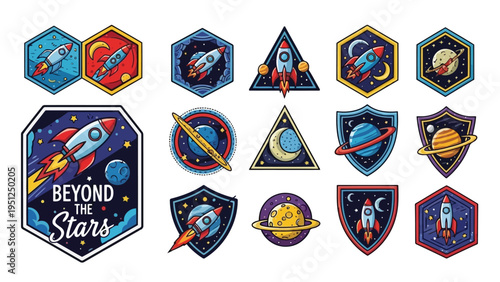 Colorful space badges featuring rockets planets and celestial designs