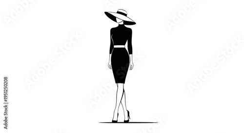 Elegant woman in a hat and long dress, standing gracefully in high heels in a slim silhouette on an isolated white background.