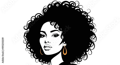 Confident woman with a vibrant voluminous afro hairstyle and earrings, isolated white background.