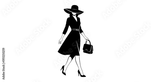Stylish woman in a hat and dress, carrying a handbag and walking confidently in high heels on an isolated white background.