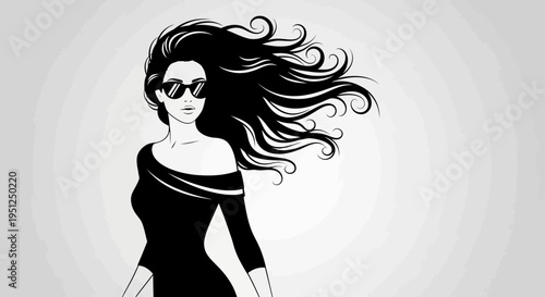 Glamorous woman in sunglasses with long, flowing wavy hair and an off-shoulder dress posing confidently against a gradient light gray background.