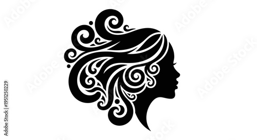 Elegant side profile of a woman's head with highly stylized, ornamental curly hair in a beautiful vector illustration on an isolated white background.