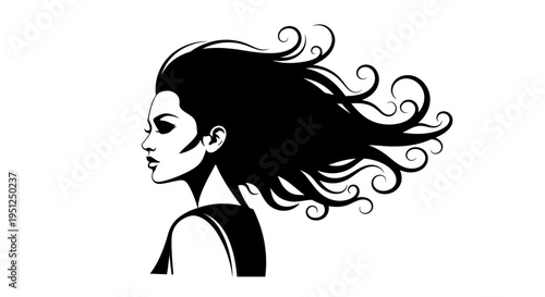 Side profile of a beautiful woman's head with long, flowing wavy hair in a dynamic, stylish vector illustration on an isolated white background.