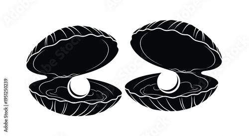 A graphic depiction showcases two open seashells one containing a lustrous white pearl within its dark interior high quality
