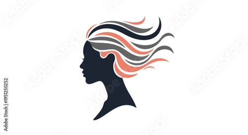 Dynamic woman's profile silhouette with flowing, multi-colored striped hair in modern hues, symbolizing movement and artistic flair on an isolated white background
