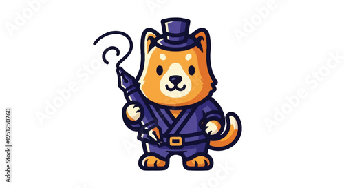 Cartoon dog character holding pen in a blue uniform