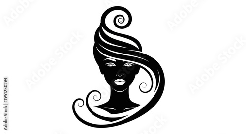 Intricate artistic woman's face silhouette with elaborate swirling black hair, evoking mystery and fantasy on an isolated white background