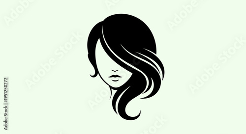 Serene woman's profile silhouette with elegant wavy black hair, exuding timeless style and grace on a light green isolated background