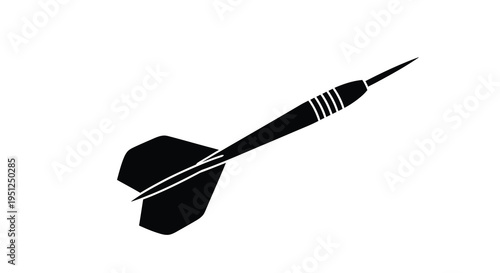 A stark black and white illustration depicts a single dart in mid flight angled diagonally across a white background high quality professional