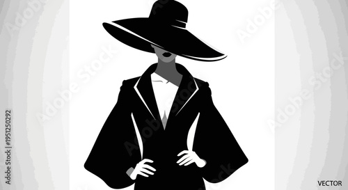 Sophisticated woman wearing a large wide-brimmed hat and a formal jacket, posing with elegance in a bright studio with abstract grey lines, showcasing business style
