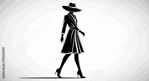 Stylish Elegant Woman in Wide-Brimmed Hat and Trench Coat Walking Confidently in Bright Studio, Fashion Silhouette
