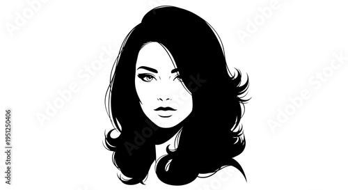 Confident Woman's Face with Voluminous Wavy Hairstyle, Direct Gaze, Isolated White Background, Glamorous Beauty