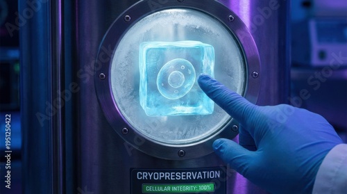 Hand pressing cryopreservation chamber button in futuristic lab with blue lighting