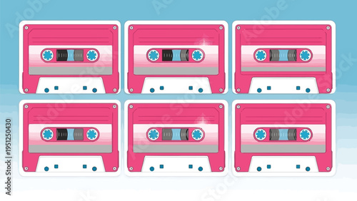 A vibrant pattern of six pink cassette tapes on a light blue background