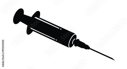 A stark black silhouette depicts a medical syringe showcasing its cylindrical body plunger and sharp needle tip high quality