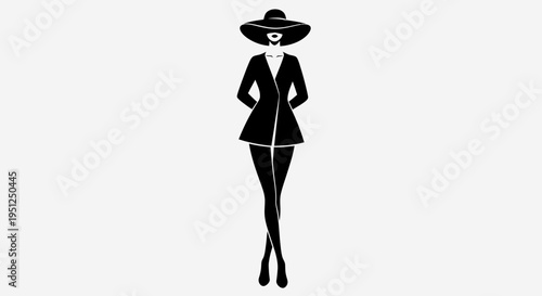 Graceful Chic Woman in Wide-Brimmed Hat and Short Jacket Dress Posing Elegantly in Bright Studio, Fashion Illustration