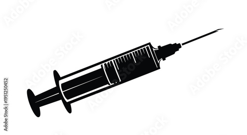 A stark black and white illustration depicts a medical syringe highlighting its barrel plunger and needle for clinical associations