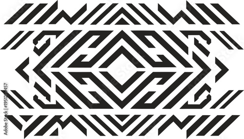 Abstract black and white geometric pattern vector illustration with tribal and ethnic style elements, ideal for modern design backgrounds, textiles, or decorative accents.