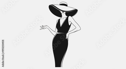 Sophisticated Woman in Wide-Brimmed Hat and Black Dress Posing Confidently in Bright Studio, Fashionable and Elegant