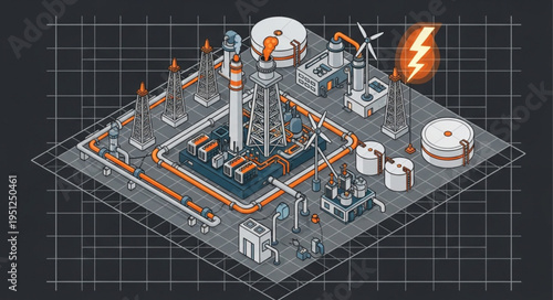 Isometric Illustration of a Sustainable Energy Production Facility with Rocket.