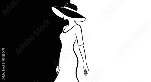 Chic Woman in Wide-Brimmed Hat and Dress Posing with Subtle Grace, Split Black and White Background, Elegant Profile