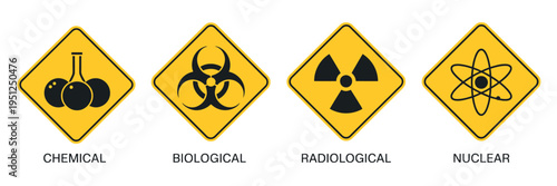 CBRN icons chemical biological radioactive nuclear defense symbols military warning pictograms yellow diamond hazard signs isolated white background