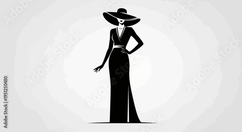 Glamorous Elegant Woman in Wide-Brimmed Hat and Long Dress Posing in Bright Studio, Full Body Fashion Illustration