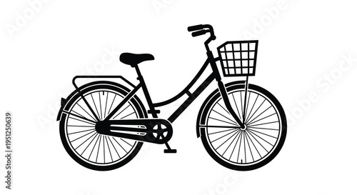 A black and white silhouette depicts a classic bicycle with a front basket showcasing a simple and elegant design